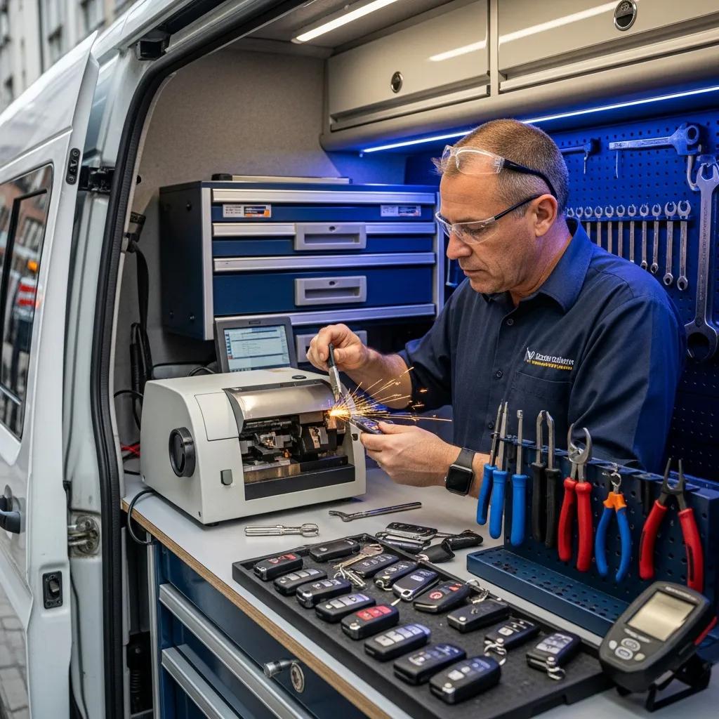 Automotive locksmith cutting a key in a mobile workshop, showcasing key replacement services and tools, with various car keys and equipment visible.