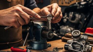Locksmith crafting a new motorcycle key using a key cutting machine, surrounded by tools and motorcycle parts, illustrating the key replacement process for automotive locksmith services in San Francisco.