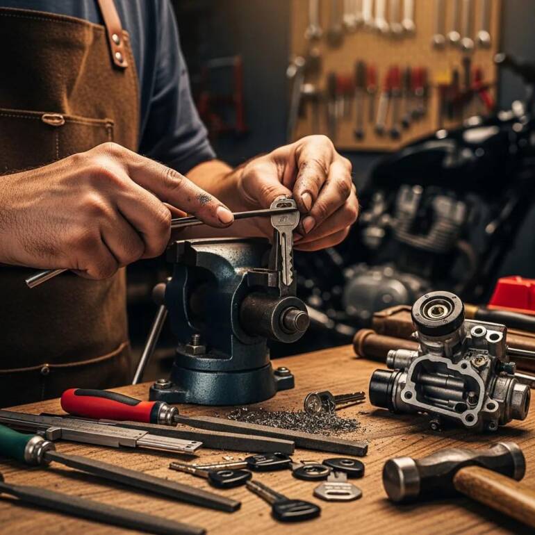Locksmith crafting a new motorcycle key, surrounded by tools and key blanks, illustrating the key replacement process for motorcycle lockouts in the Bay Area.