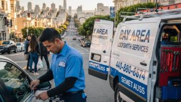 Mobile locksmith working on a car lock in San Francisco, Bay Area Locksmith Services van in background, highlighting emergency automotive lockout assistance.