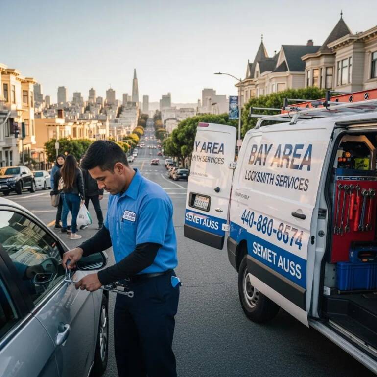 Mobile locksmith working on car lock in San Francisco, Bay Area, with locksmith van displaying "Bay Area Locksmith Services" and tools visible, emphasizing emergency auto lockout assistance.
