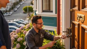 Residential locksmith assisting a homeowner at a front door in San Francisco, emphasizing trust and professionalism, with blooming flowers in the foreground.
