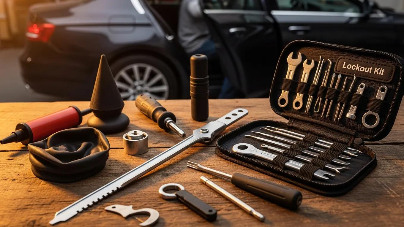 Emergency lockout tools used by mobile key technicians for quick vehicle access