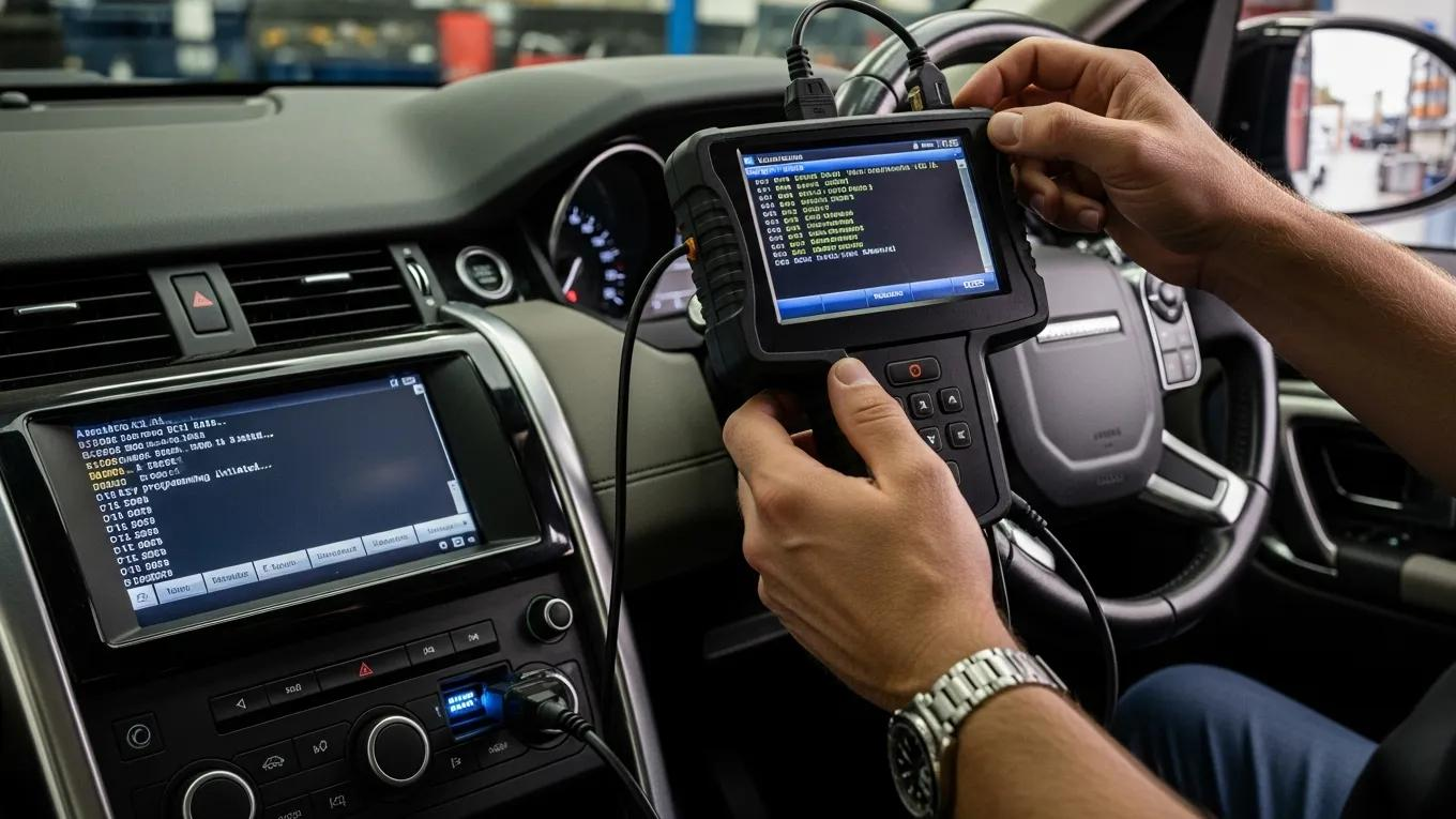 OBD key programmer in use on a Land Rover vehicle, showcasing vehicle immobilizer access